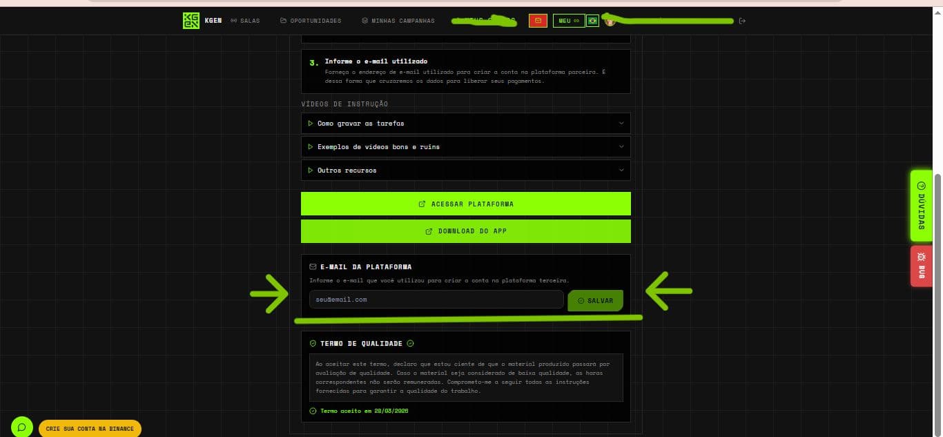 Campo para informar o e-mail da plataforma e termo de qualidade