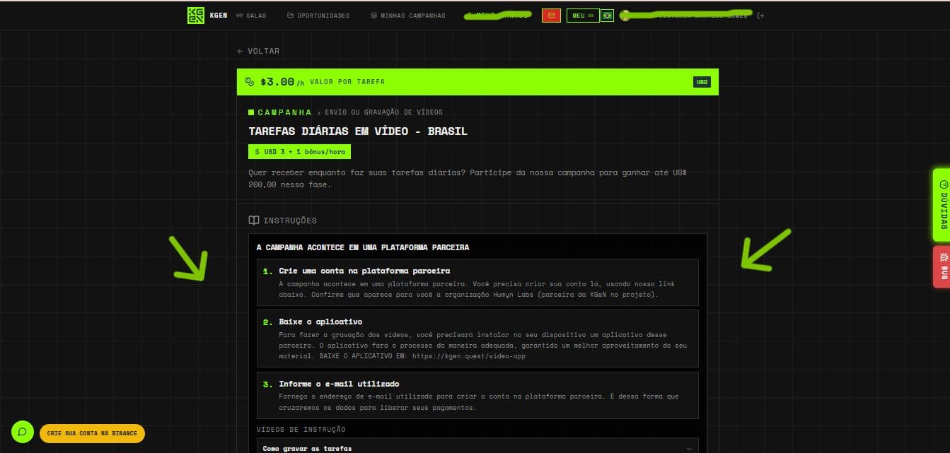 Detalhes da campanha com as instruções e valor por tarefa